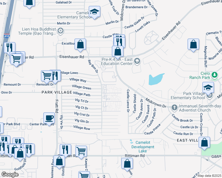 map of restaurants, bars, coffee shops, grocery stores, and more near 5414 Midcrown Drive in San Antonio