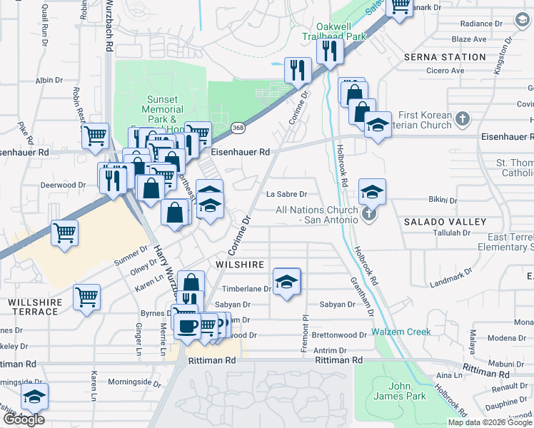 map of restaurants, bars, coffee shops, grocery stores, and more near 3603 Invicta Drive in San Antonio