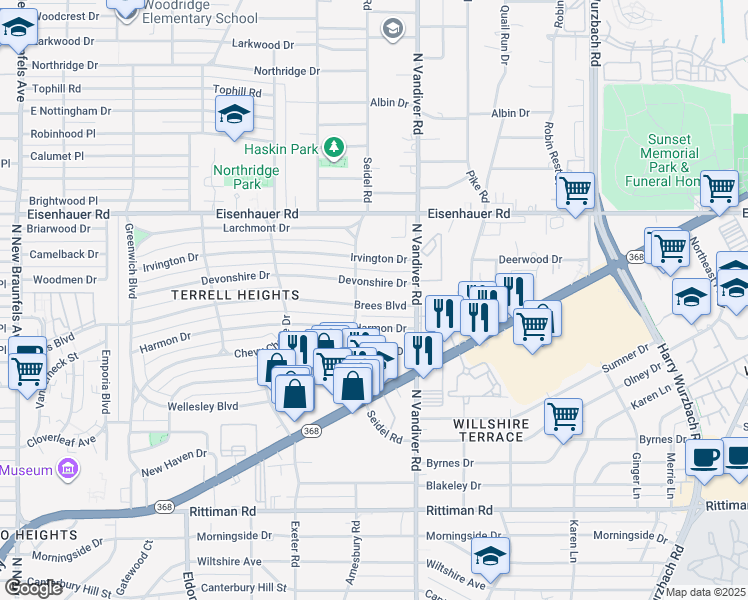 map of restaurants, bars, coffee shops, grocery stores, and more near 426 Devonshire Drive in San Antonio