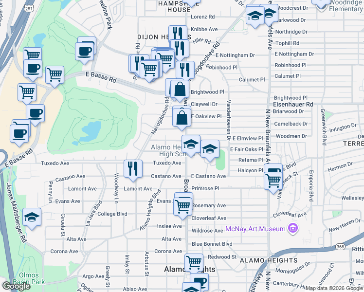 map of restaurants, bars, coffee shops, grocery stores, and more near 121 West Elmview Place in San Antonio