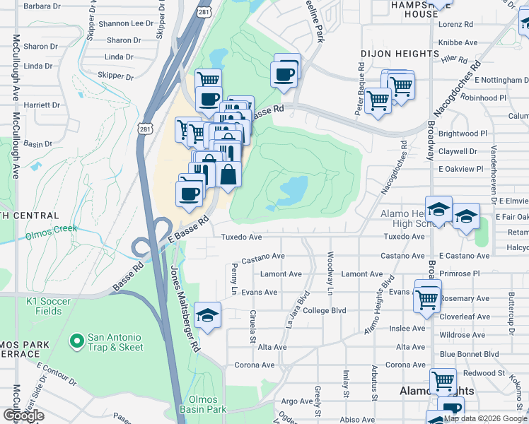 map of restaurants, bars, coffee shops, grocery stores, and more near 6 Oxford Hall in San Antonio