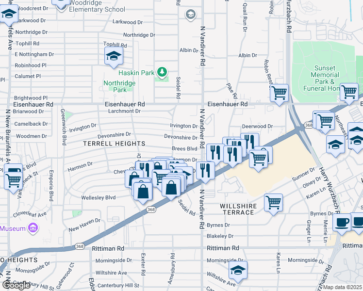 map of restaurants, bars, coffee shops, grocery stores, and more near 426 Devonshire Drive in San Antonio