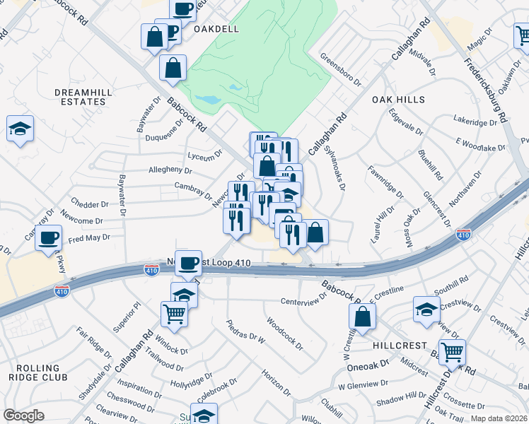 map of restaurants, bars, coffee shops, grocery stores, and more near 2601 Callaghan Road in San Antonio