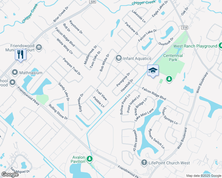 map of restaurants, bars, coffee shops, grocery stores, and more near 1214 Peregrine Drive in Friendswood