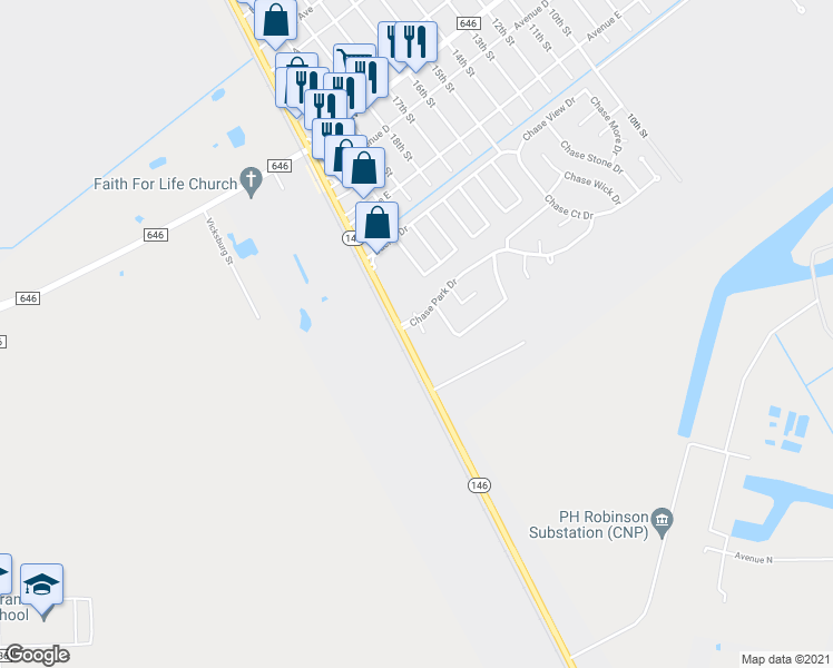 map of restaurants, bars, coffee shops, grocery stores, and more near 5103 Chase Park Court in Bacliff