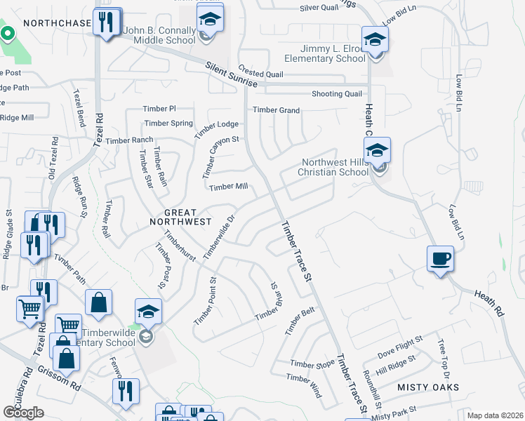 map of restaurants, bars, coffee shops, grocery stores, and more near 8403 Timber Crest Street in San Antonio