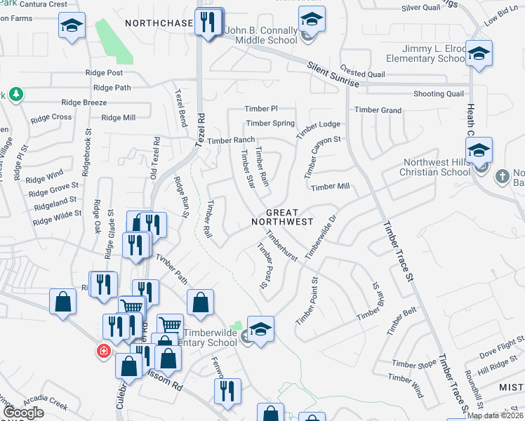 map of restaurants, bars, coffee shops, grocery stores, and more near 8635 Timber Lodge in San Antonio