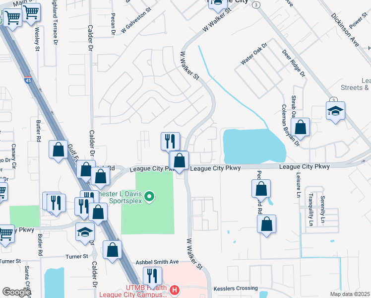 map of restaurants, bars, coffee shops, grocery stores, and more near 1749 West Walker Street in League City