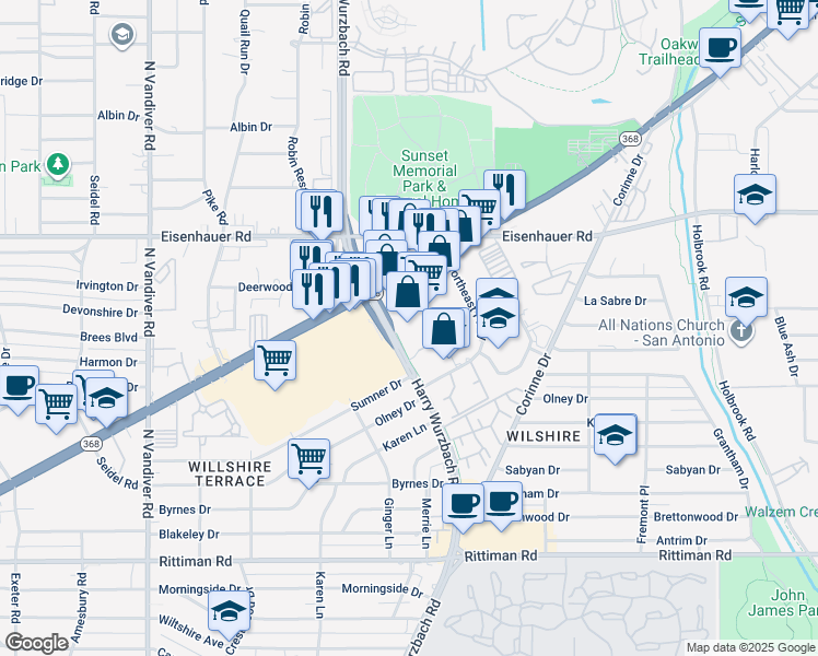 map of restaurants, bars, coffee shops, grocery stores, and more near 1518 Austin Highway in San Antonio