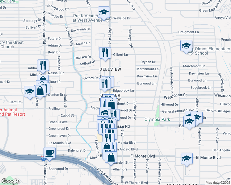 map of restaurants, bars, coffee shops, grocery stores, and more near 739 Edgebrook Lane in San Antonio