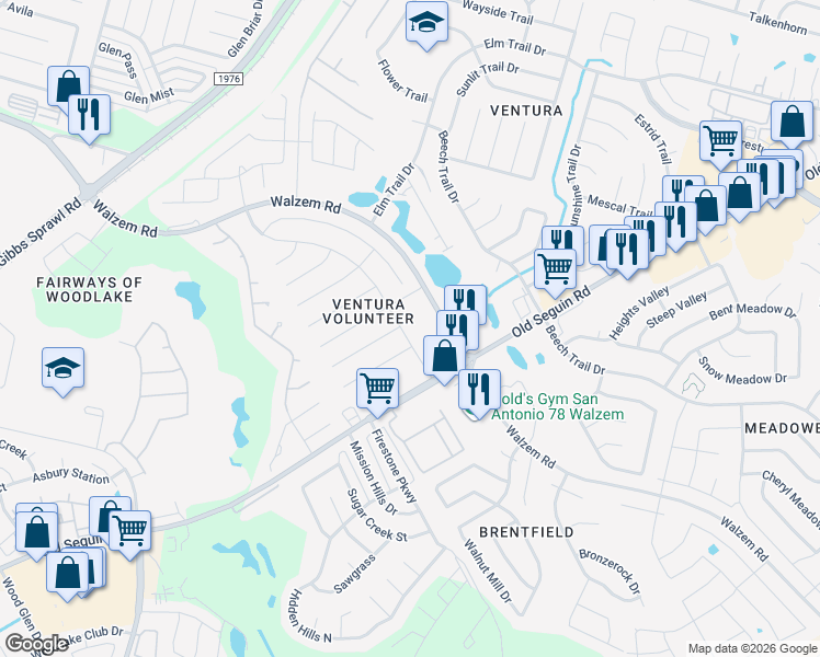 map of restaurants, bars, coffee shops, grocery stores, and more near 7567 Fairington Drive in San Antonio