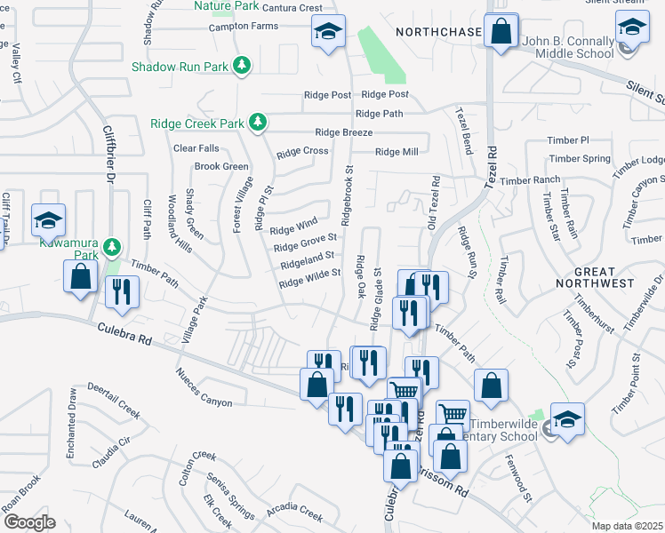 map of restaurants, bars, coffee shops, grocery stores, and more near 9206 Ridgeland Street in San Antonio