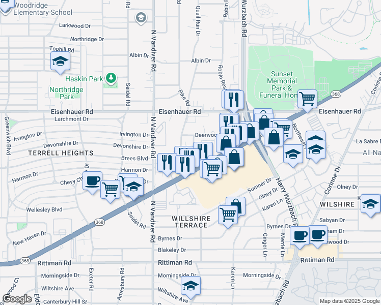 map of restaurants, bars, coffee shops, grocery stores, and more near 129 Cloudhaven Drive in San Antonio