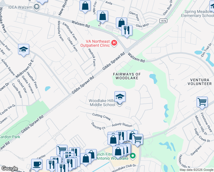 map of restaurants, bars, coffee shops, grocery stores, and more near 6823 Liberty Stone in San Antonio