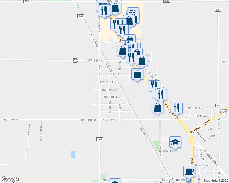 map of restaurants, bars, coffee shops, grocery stores, and more near 1215 Northwest 15th Avenue in Chiefland
