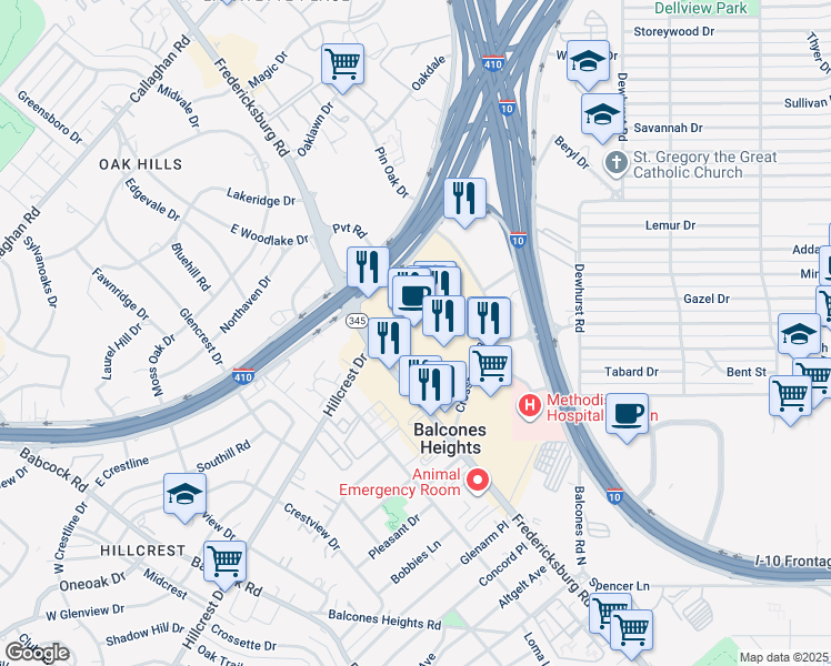 map of restaurants, bars, coffee shops, grocery stores, and more near 4522 Fredericksburg Road in Balcones Heights