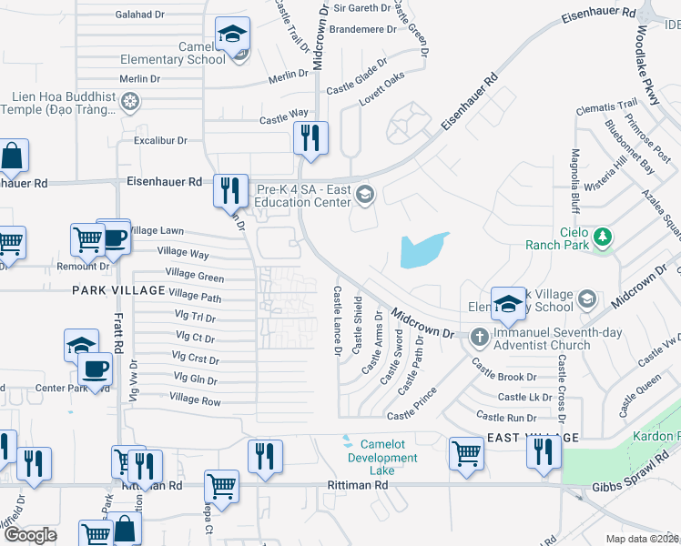 map of restaurants, bars, coffee shops, grocery stores, and more near 6302 Hibiscus Falls in San Antonio