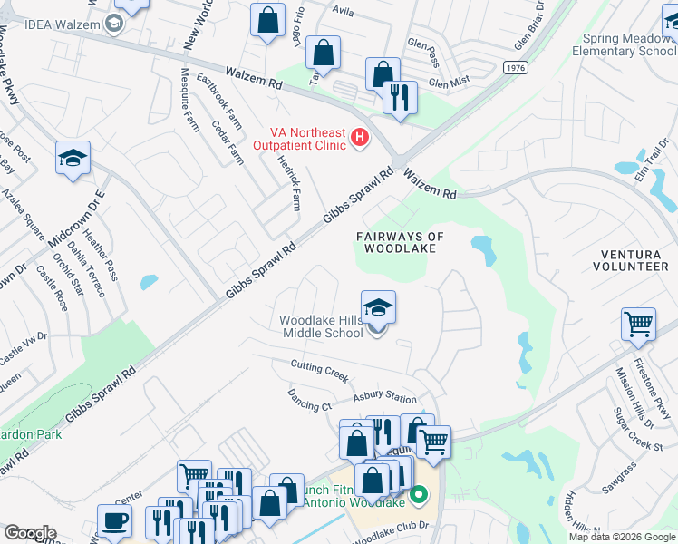 map of restaurants, bars, coffee shops, grocery stores, and more near 6823 Liberty Stone in San Antonio