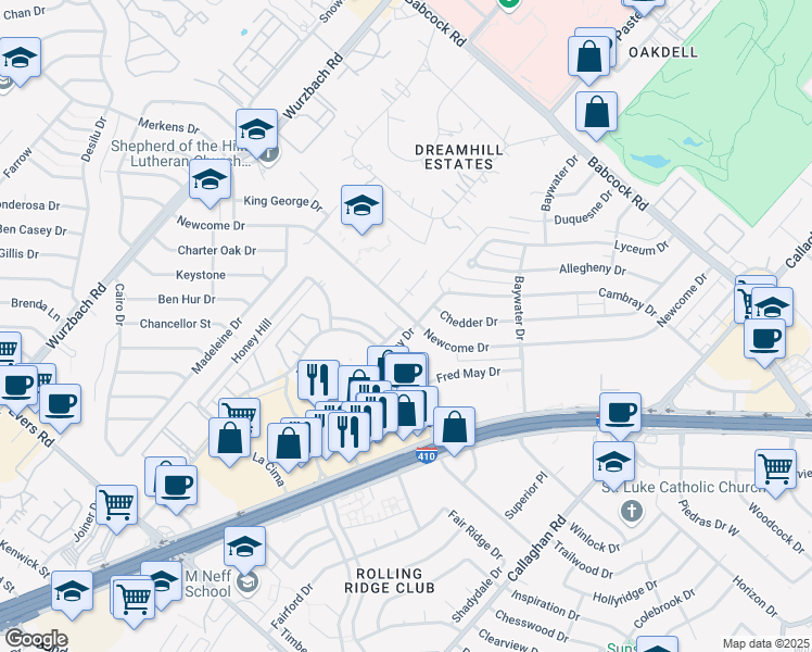 map of restaurants, bars, coffee shops, grocery stores, and more near 5010 Summit Pass in San Antonio