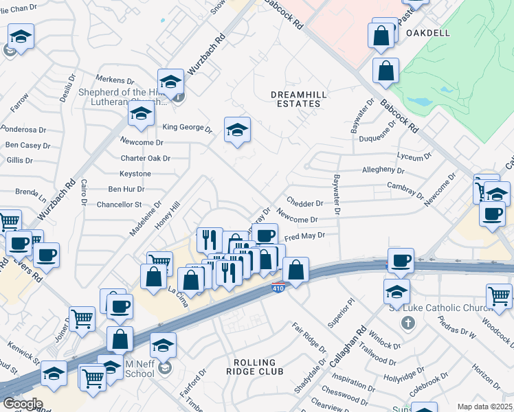 map of restaurants, bars, coffee shops, grocery stores, and more near 5010 Summit Pass in San Antonio