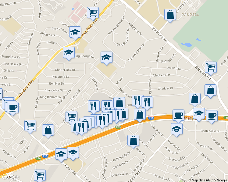 map of restaurants, bars, coffee shops, grocery stores, and more near 5010 Summit Pass in San Antonio