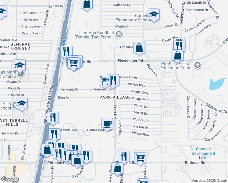 map of restaurants, bars, coffee shops, grocery stores, and more near 279 Remount Rd in San Antonio