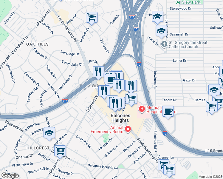 map of restaurants, bars, coffee shops, grocery stores, and more near 4522 Fredericksburg Road in San Antonio