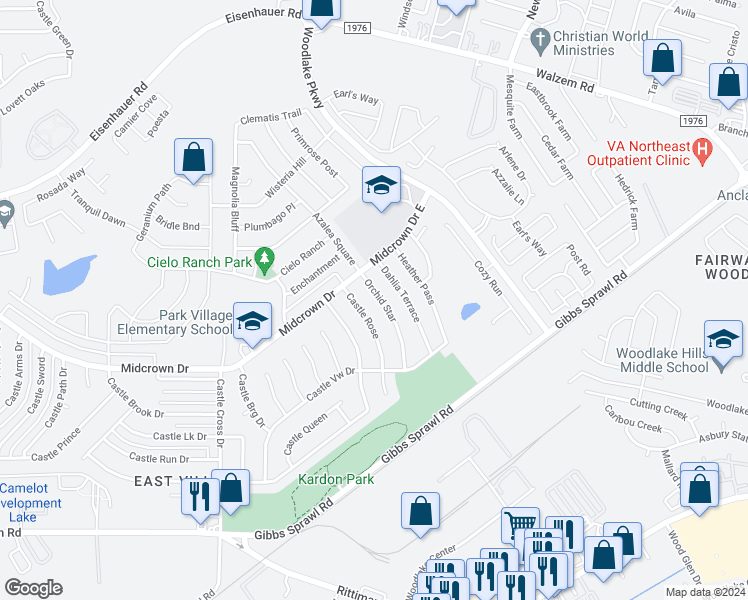 map of restaurants, bars, coffee shops, grocery stores, and more near 4923 Orchid Star in San Antonio