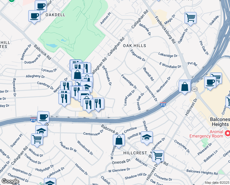 map of restaurants, bars, coffee shops, grocery stores, and more near 4011 Sylvanoaks Drive in San Antonio