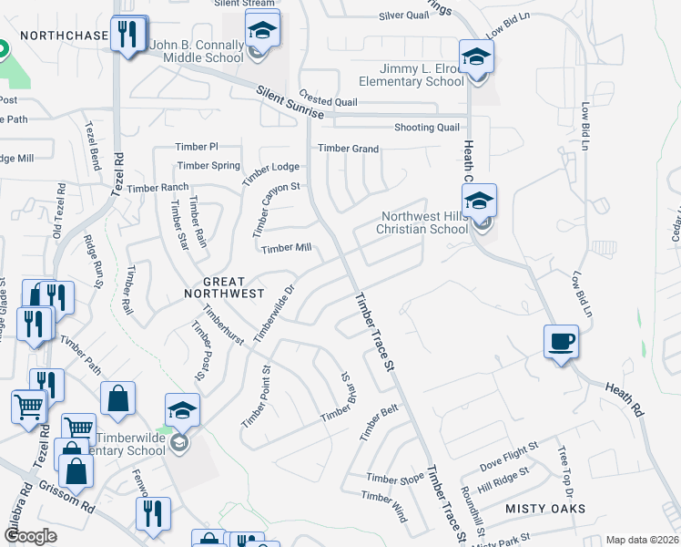 map of restaurants, bars, coffee shops, grocery stores, and more near 8403 Timber Crest Street in San Antonio