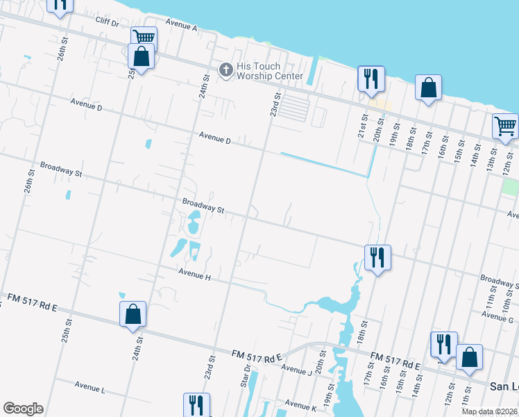 map of restaurants, bars, coffee shops, grocery stores, and more near 2250 Broadway Street in San Leon