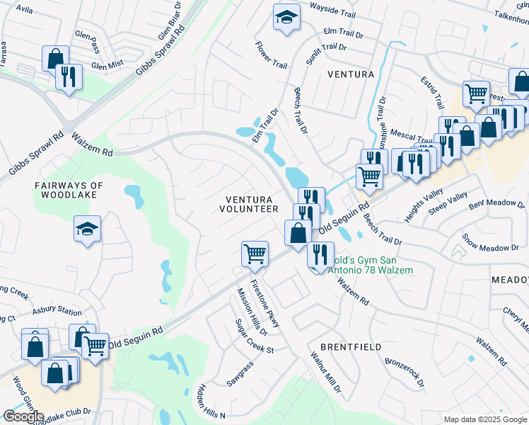 map of restaurants, bars, coffee shops, grocery stores, and more near 7567 Fairington Drive in San Antonio