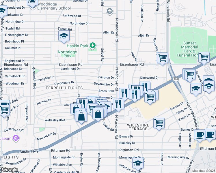 map of restaurants, bars, coffee shops, grocery stores, and more near 426 Devonshire Drive in San Antonio