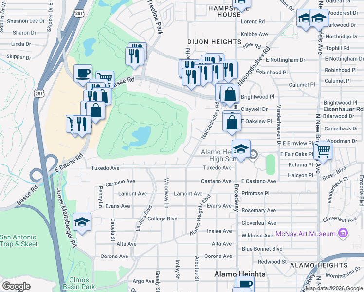 map of restaurants, bars, coffee shops, grocery stores, and more near 31 Haverhill Way in San Antonio