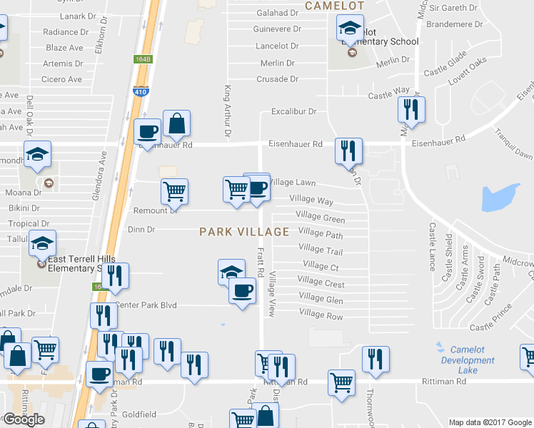 map of restaurants, bars, coffee shops, grocery stores, and more near 4911 Village View in San Antonio
