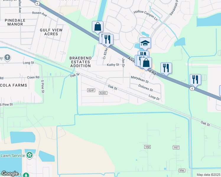 map of restaurants, bars, coffee shops, grocery stores, and more near 1410 Oak Street in Rosharon