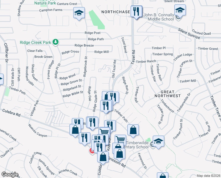 map of restaurants, bars, coffee shops, grocery stores, and more near 5602 Rose Dawn in San Antonio