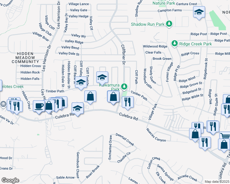 map of restaurants, bars, coffee shops, grocery stores, and more near 9410 Timber Path in San Antonio
