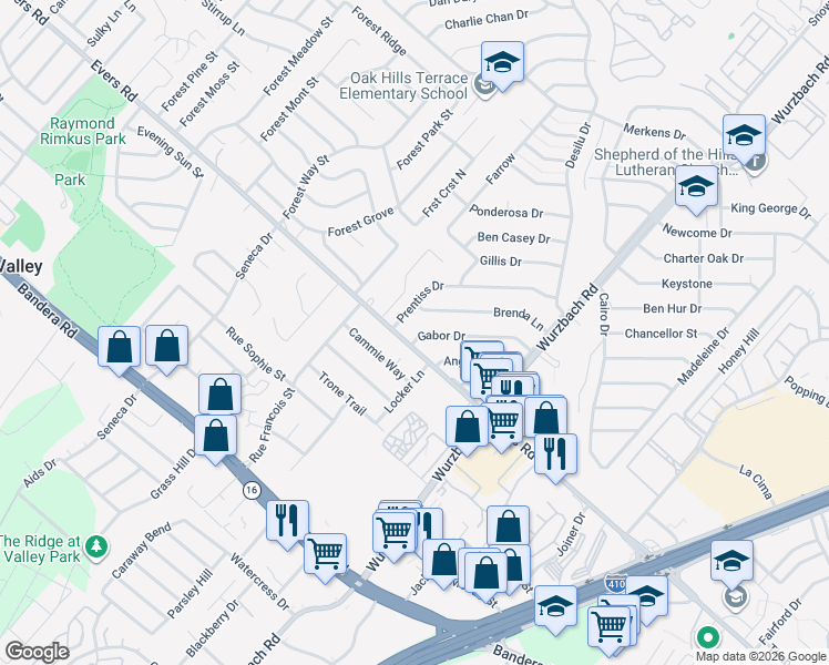 map of restaurants, bars, coffee shops, grocery stores, and more near 5927 Gabor Drive in San Antonio