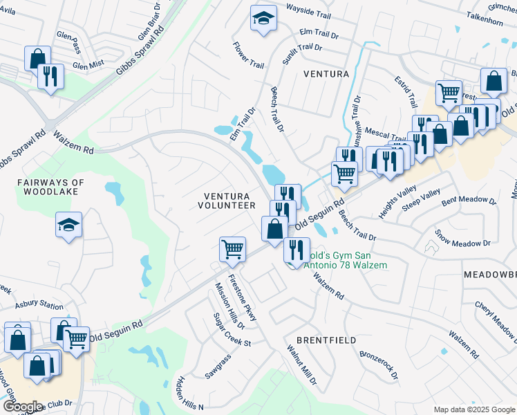 map of restaurants, bars, coffee shops, grocery stores, and more near 7567 Fairington Drive in San Antonio