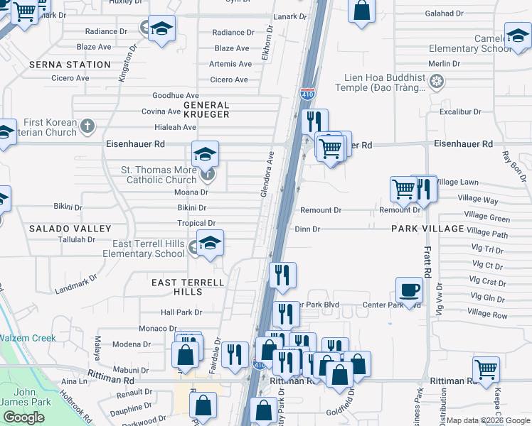 map of restaurants, bars, coffee shops, grocery stores, and more near 4530 Bikini Drive in San Antonio