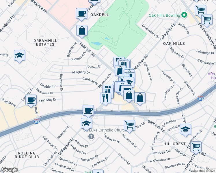 map of restaurants, bars, coffee shops, grocery stores, and more near 1575 Babcock Road in San Antonio