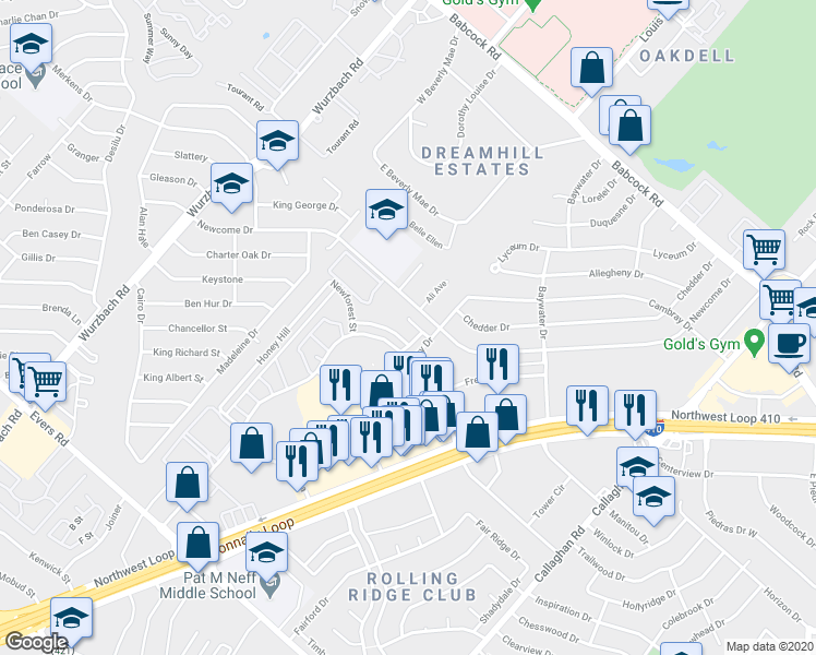 map of restaurants, bars, coffee shops, grocery stores, and more near 5010 Summit Pass in San Antonio