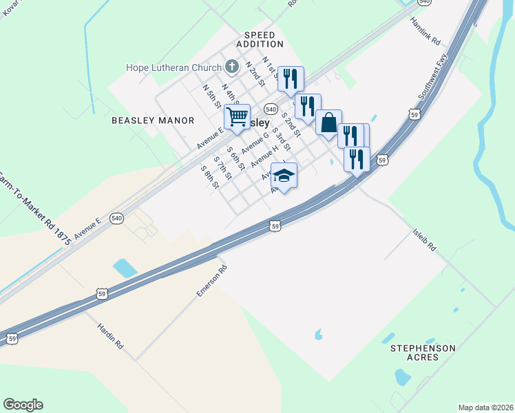 map of restaurants, bars, coffee shops, grocery stores, and more near 7615 Avenue J in Beasley