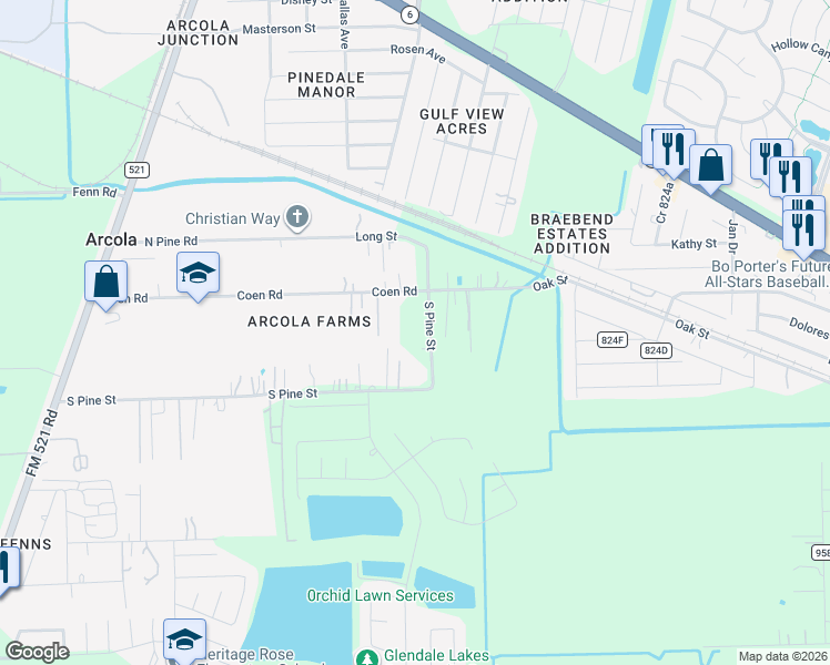 map of restaurants, bars, coffee shops, grocery stores, and more near 835 South Pine Street in Arcola