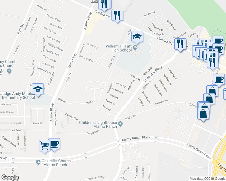 map of restaurants, bars, coffee shops, grocery stores, and more near 11638 Kristidawn in San Antonio