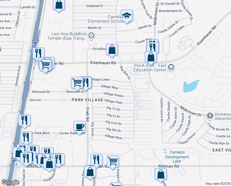 map of restaurants, bars, coffee shops, grocery stores, and more near 5115 Village Green in San Antonio