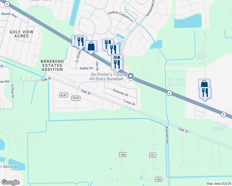 map of restaurants, bars, coffee shops, grocery stores, and more near 1626 Dolores Street in Rosharon