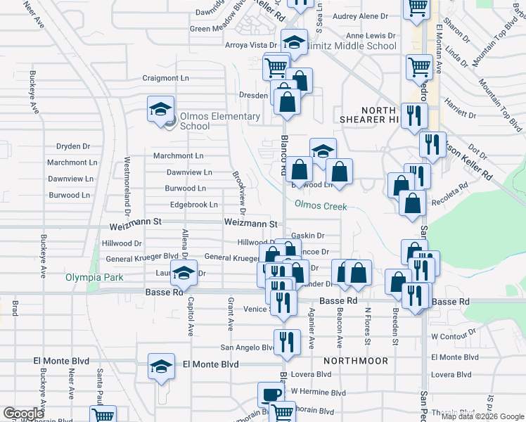 map of restaurants, bars, coffee shops, grocery stores, and more near 6805 Basilwood Drive in San Antonio