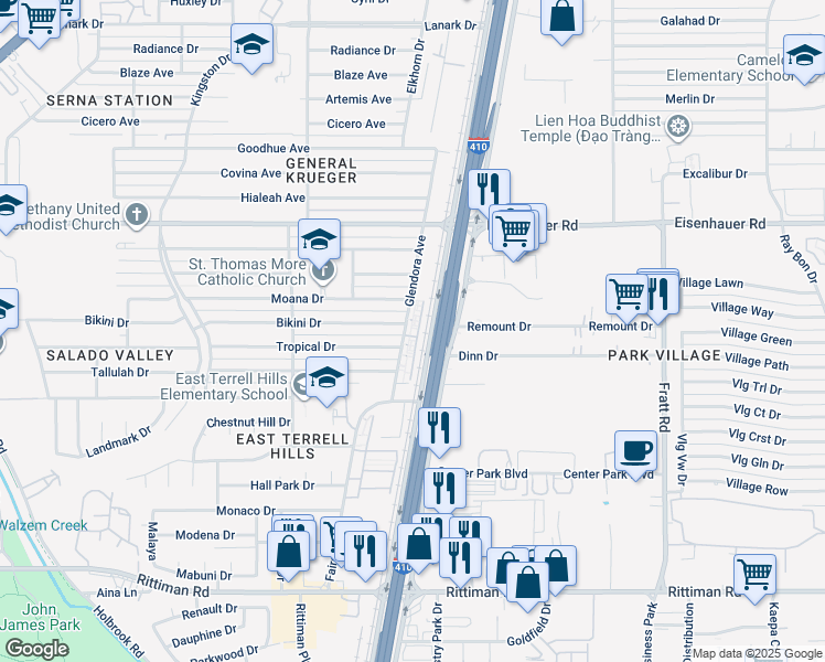 map of restaurants, bars, coffee shops, grocery stores, and more near 4530 Bikini Drive in San Antonio